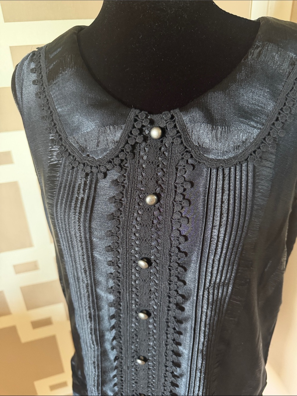 Anna Sui Black Satiny Sleeveless Dress w/Lace & Pintuck Details, Sz M NWT - Picture 3 of 9